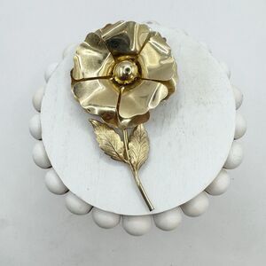 Vintage Gold Tone Large Rose Flower With Stem And Leaves Brooch Pin Grandmacore